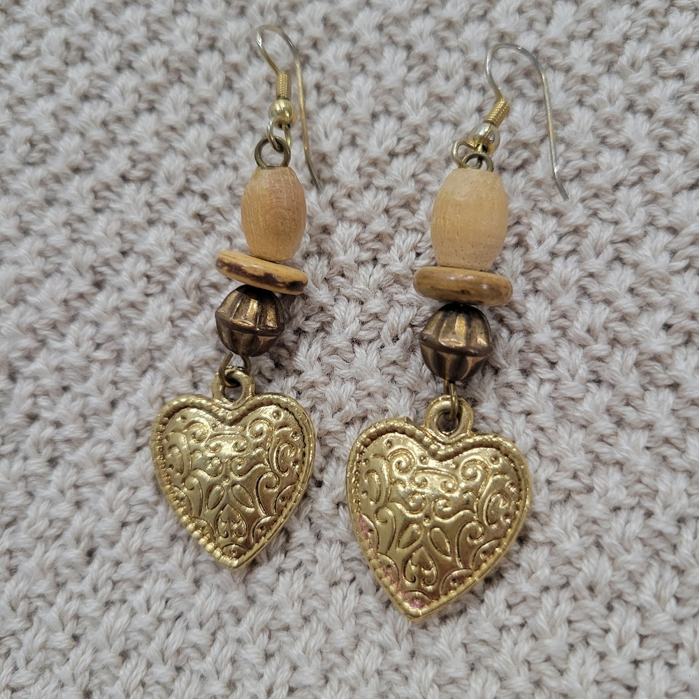 Vintage Gold Tone Heart Dangle Earrings